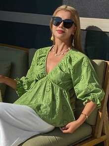 DAZY Women's V-Neck Ruffle Trim Casual Vacation Blouse With Cinched Waist, Spring/Summer - Green - View 6