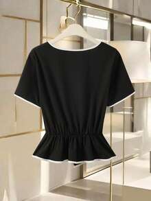 Franclia 女士优雅撞色滚边蝴蝶结领短袖上衣，配有可调节松紧腰带，百搭黑白撞色衬衫，适合办公室和休闲场合穿着。 - 黑與白 - 查看 2