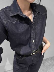 DAZY Loose Long Sleeve Stylish Fashionable Retro Denim Blouse For Women - Dark Wash - View 3