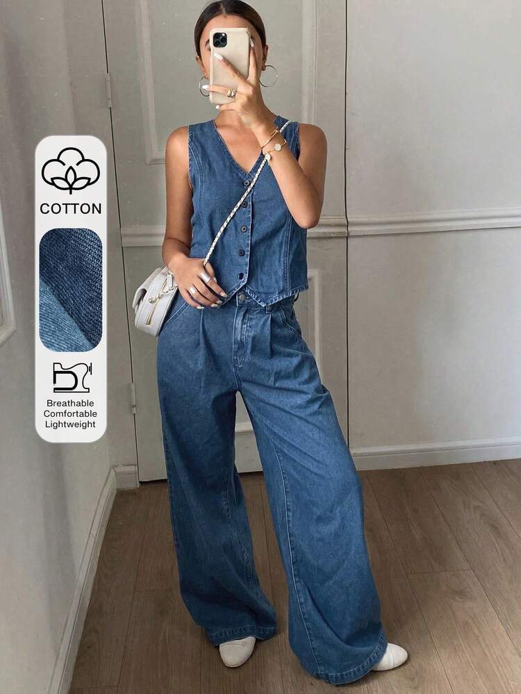 Women Tall V-Neck Sleeveless Denim Vest And Straight Leg Jeans Casual Vacation Denim Set