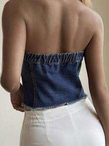 Livesso 女士短款牛仔背心，带大口袋，休闲街头风外套，适合春夏穿着，Y2K风格抹胸上衣 - 藍色 - 查看 4