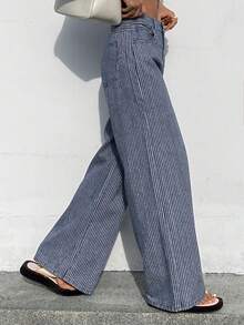 Livesso Women's Loose Casual Straight Leg Jeans, Fashionable Striped Design For Business Casual Office Wear, Spring/Summer - Dark Wash - View 6