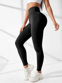 Easithlete 女款无缝褶皱宽腰运动紧身裤瑜伽裤 - 黑色 - 查看 7