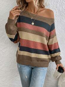 EMERY ROSE Suéter holgado de punto con hombros descubiertos a rayas, estilo vintage, talla grande, para mujer. Versátil para el transporte, cómodo y suave, adecuado para otoño/invierno - Multicolor - Ver 3