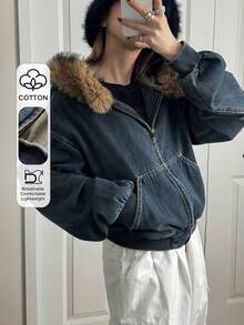 FRIFUL Áo khoác denim nữ kiểu retro thường ngày có mũ trùm đầu và cổ lông giả - Màu xanh lam - Xem 1