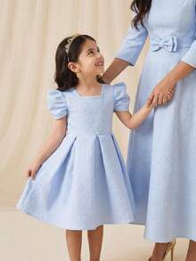 1pc Elegant Sweet Fashion Ruffle Puff Sleeve Princess Dress, Jacquard Fabric, Girls Dress, New Arrival Kids Jacquard Dresses Sky Blue Girl Dress Girls Puffy Sleeve Dress Girl Elegant Dresses - Blue - View 8