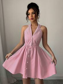 Elenzga Women's Summer Casual Front Button Halter Backless Striped Mini Dress - Red - View 4