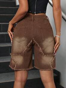 SHEIN PETITE 女士休闲街头水洗毛边牛仔短裤，夏季 - 咖啡棕 - 查看 2