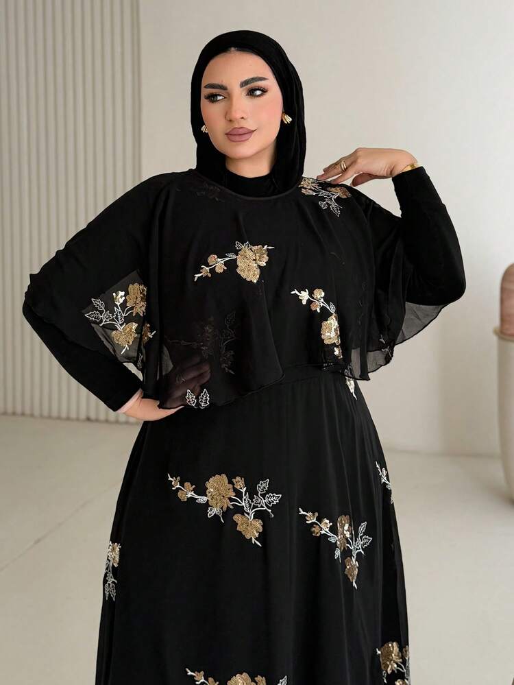 Dazy Plus Plus Size Women's Elegant Sequin Patchwork Chiffon Dress With Cinched Waist, Suitable For Banquet And Party, Spring/Summer, Black Dress Sundress
