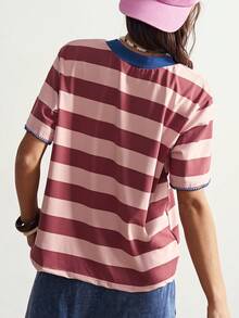Bohemela 女士休闲条纹针织圆领短袖宽松T恤，夏季趣味图案 - 粉色 - 查看 7