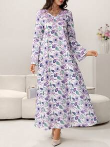 Yasmyna Damen elegantes Blumenprint-Kleid mit V-Ausschnitt, Glockenärmeln, Perlenbesatz und Bindegürtel, Urlaubsstil, Frühling/Herbst - Verschiedenfarbig - Übersicht 7