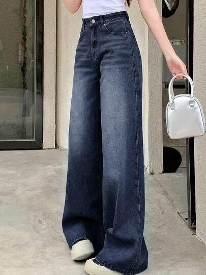 DAZY 女士休闲日常通勤时尚做旧阔腿宽松蓝色牛仔裤