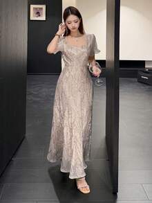 DAZY 高端奢华亮片装饰长款晚礼服，优雅正式晚宴礼服，闪亮连衣裙，长款吊带裙 - 金色 - 查看 6