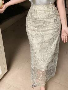 DAZY Women's Regular Waist Lace Fabric Long Straight Elegant Skirt - Champagne - View 4