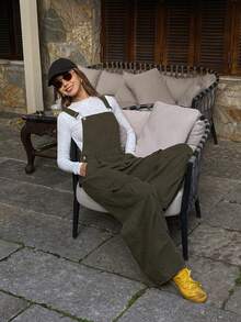 DAZY 女士宽松工装裤，休闲牛仔背带裤，街头风连体裤 - 軍綠色 - 查看 6