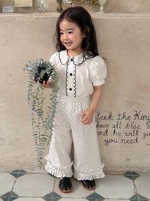 DAZY Toddler Girls' Polka Dot Loose Wide Leg Casual Pants, Versatile All-Over Print, Spring/Summer - White - View 9