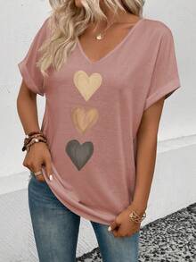 EMERY ROSE Women's V-Neck Flared Cuff, Ombre Heart Print Casual Versatile T-Shirt, Spring/Summer - Pink - View 4