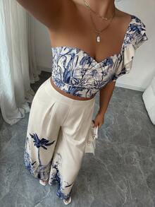 Elenzga Conjunto de 2 piezas con top de un hombro y pantalones de pierna ancha con estampado floral para mujer - Multicolor - Ver 6