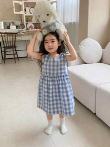 DAZY 女童圆领韩版格子休闲无袖家居服 - 藍色 - 查看 1