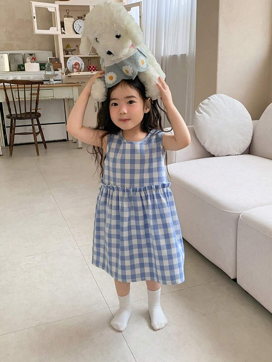 DAZY 女童圆领韩版格子休闲无袖家居服 - 藍色 - 查看 1