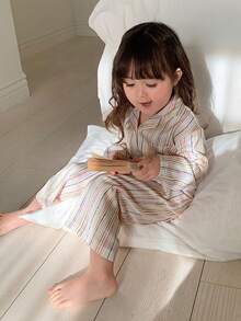 DAZY 女婴/幼儿翻领长袖条纹时尚睡衣 - 杏色 - 查看 4