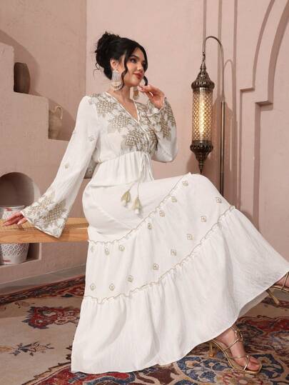 SHEIN Najma Cross-Neck Embroidered Fabric Frill Trim Oversized Sleeve Flare Hem Women's Arabic Style Dress Boho White Dress Cottagecore Dress
