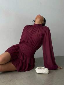 Aloruh Women's Elegant Multi-Layer Ruffle Trim Long Sleeve Fitted Mini Dress - Rose Red - View 6