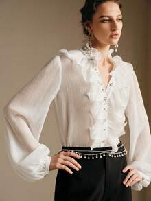 Arave 女士荷叶边长袖手工水钻休闲衬衫。情人节度假优雅女士上衣 - 白色 - 查看 7