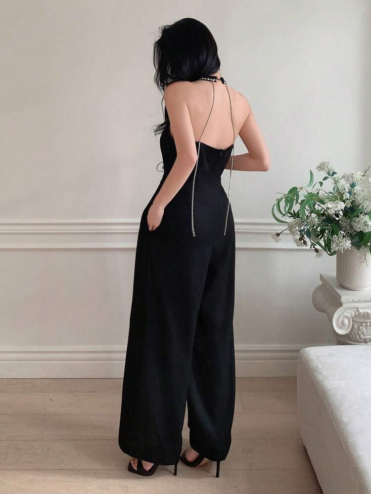 Women's Elegant Sleeveless Contrast Lace Halter Jumpsuit With Wide Leg Pants, Suitable For Spring And Autumn Romper