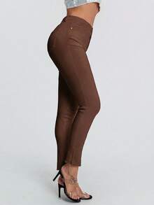 SHEIN PETITE Quần jeans skinny nữ đơn giản, dễ mặc, màu trơn, rách gấu, thích hợp mặc hàng ngày đi làm. - Cà phê nâu - Xem 2