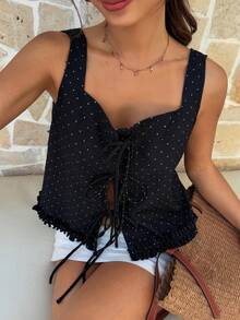 DAZY 女士无袖波点吊带背心，配蝴蝶结，休闲牛仔度假风上衣 - 深色水洗藍 - 查看 4