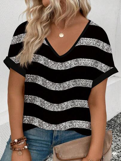 EMERY ROSE Women's Spring/Summer New Arrival Hot Selling Wavy Stripe Print V-Neck Short Sleeve Casual Versatile Plus Size T-Shirt