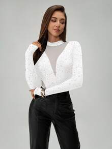 Almamuse 女士时尚圆领长袖金属银色网纱拼接透视连体衣 - 白色 - 查看 5