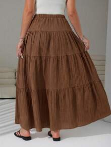 Plus Size Women Casual Everyday Commute Simple Solid Color Drawstring Waist Tiered Hem Skirt, Spring/Summer/Autumn - Brown - View 6