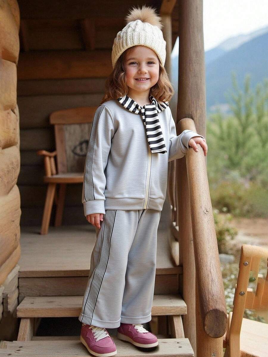 SHEIN 2 pezzi/set Tuta casual autunnale per bambine, composta da felpa con cappuccio e chiusura lampo grigia e pantaloni a gamba dritta con decorazione a strisce laterali, outfit sportivo per il ritorno a scuola + scialle - Grigio - Visualizzare 1