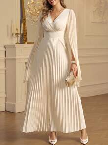 Amorya Women's Cream White Elegant V-Neck Chiffon Pleated A-Line Dress,Long Sleeve Waist Cinched Wedding Guest Bridesmaid Dresses For Autumn Dining Events - Light Yellow - View 4