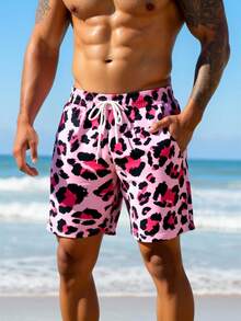 Manfinity Swimmode Men's Drawstring Waist Pockets All-Over Print Casual Beach Shorts - Pink - View 7