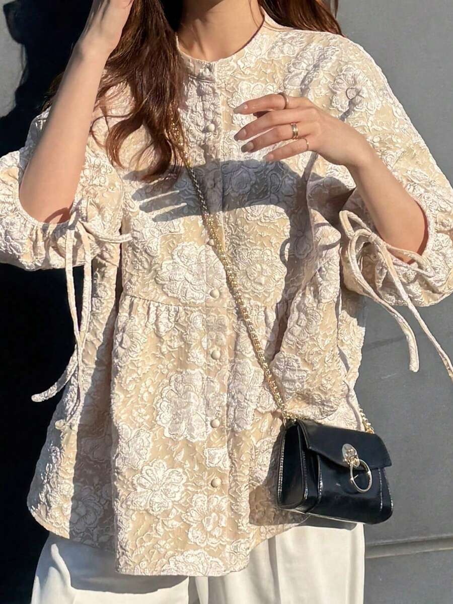 FRIFUL Women's Loose Fit Textured Fabric Open Front Casual Shirt - Apricot - View 1