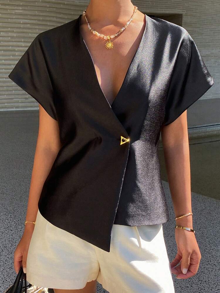 Women's Elegant Formal Contrast Color Metal Buckle V-Neck Short Sleeve Blouse, Spring/Autumn Summer