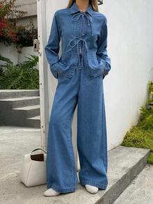 DAZY Women's Turndown Collar Tie-Up Loose Denim Jacket And Straight-Leg Jeans Casual Suit - Medium Wash - View 7