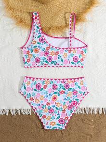 SHEIN Tween Girls White Ditsy Floral Bikini Sets,Asymmetrical Shoulder Design With Detachable Strap,2 Pieces Boho Swimwear For Summer Vacation Holiday Beach - Multicolor - View 2