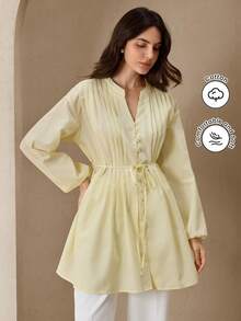 Graceveil Camisa casual de mujer con cuello en V, fruncido y lazo delantero, de manga larga, en color amarillo - amarillo ganso - Ver 9