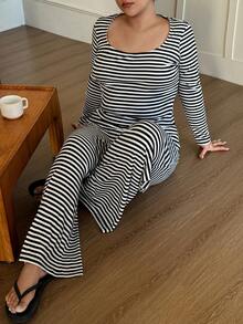 Dazy Plus Plus Size Women's Black & White Striped Print Scoop Neck Long Sleeve Top And Pants Pajama Set, Spring/Autumn - Black and White - View 7