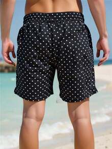Manfinity Swimmode 男士抽绳腰带口袋波点休闲沙滩短裤 - 黑色 - 查看 3