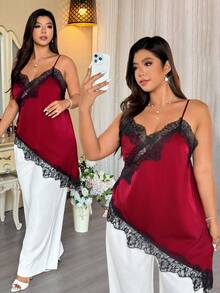 Vionelle Valentine Plus Size Women Casual Elegant Sexy Satin Lace Patchwork Hollow Asymmetric Hem Camisole - Burgundy - View 1