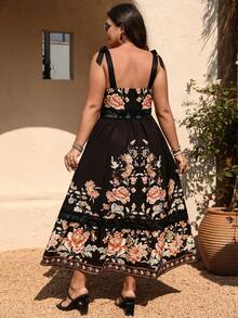 Breezaya 大码梭织印花优雅夏季度假连衣裙 - 黑色 - 查看 2