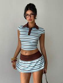 Aloruh 两件套女士新款复古Y2K风格套装 - Polo衫和低腰迷你裙，棕蓝色运动条纹，露脐设计 - 彩色 - 查看 6