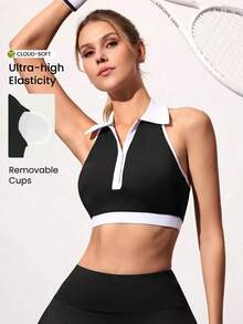CourtClass Women's Contrast Trim Sleeveless Cropped Half-Zip Sports Bra - Black and White - View 1
