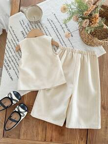 SHEIN Baby Girl Casual Elegant Commute Street Fashion Jacquard Striped Button Front Sleeveless Vest Top And Straight Leg Pants Set - Apricot - View 2