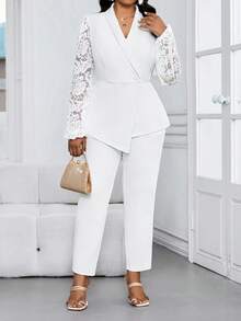SHEIN Lady 大码女式撞色蕾丝长袖外套和裤子优雅套装 - 白色 - 查看 6